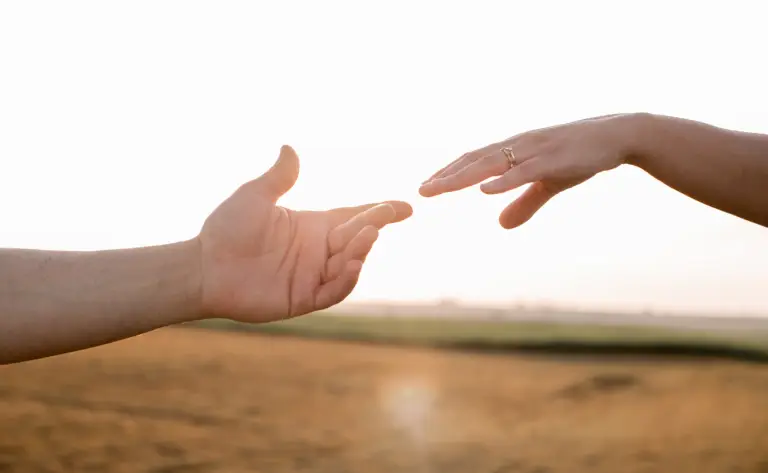 Two people's hands outstretched in front of a field